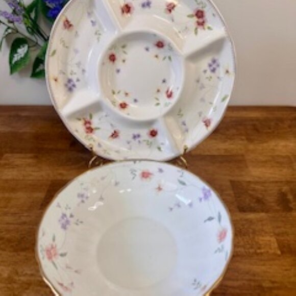 Lefard England Vintage Floral Divided Dish and Matching Serving Bowl – Gold Trim - Picture 7 of 10